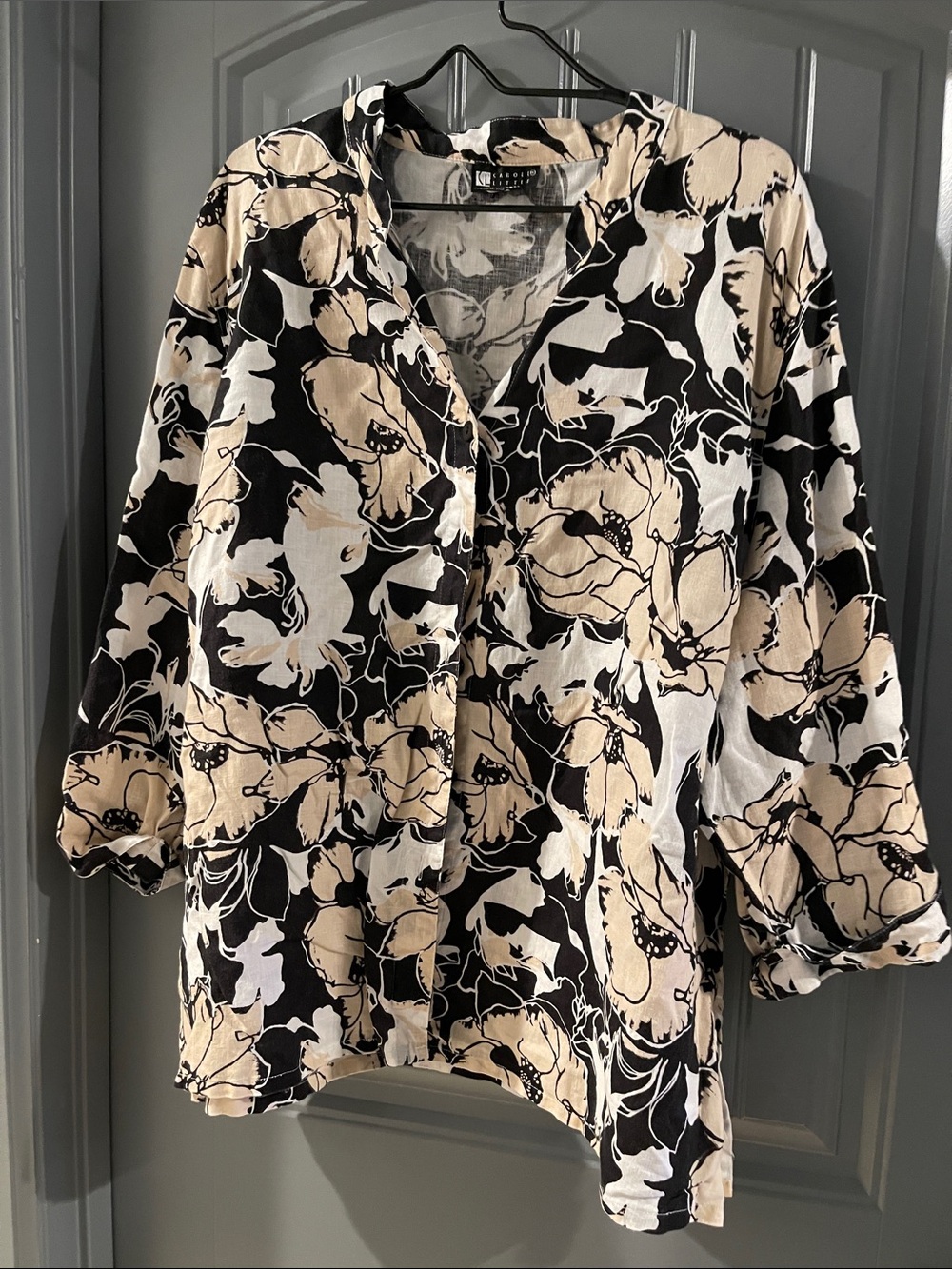 Carole Little Black and Cream Floral Button-Front Blouse